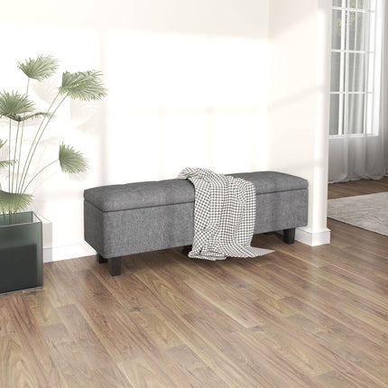 Upholstered storage bench, dark grey, wooden legs, 138x40x45 cm