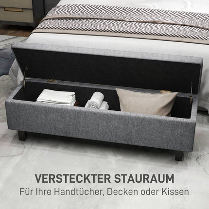 Upholstered storage bench, dark grey, wooden legs, 138x40x45 cm