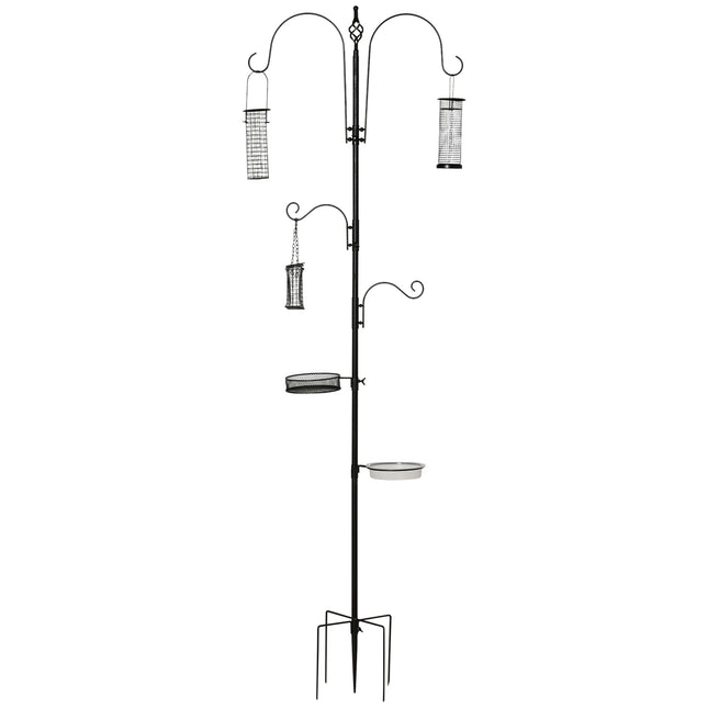 Putnu barošanas stacijas komplekts, putnu vannas barošanas šķīvis, pilnīga barošanas kolonna, putnu barotava ar 4 āķiem, tērauds, melns, augstums 208 cm