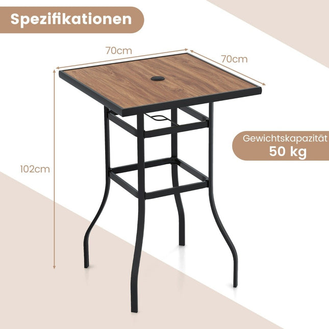 Bistro galds ar atveri lietussargam un galda virsmu koka imitācijā. Dārza galds. Kvadrātveida balkona galds.