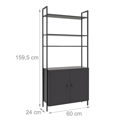 Melns grāmatu plaukts ar uzglabāšanas nodalījumu, MDF un metāls, 4 plaukti