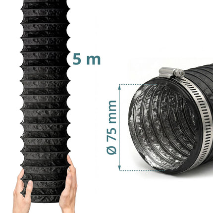 Melna elastīga izplūdes šļūtene, 5 m x 75 mm, PVC un alumīnijs