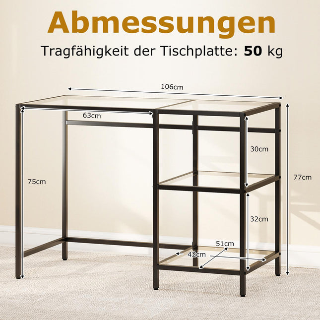 Melns stikla datorgalds ar metāla rāmi, 106x51x76 cm