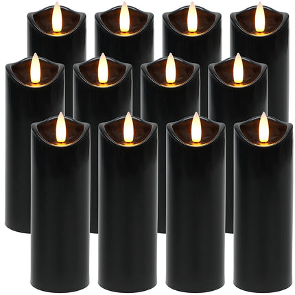 Melnas LED sveces, 12 gab., 15 cm, mirgojošas liesmas efekts