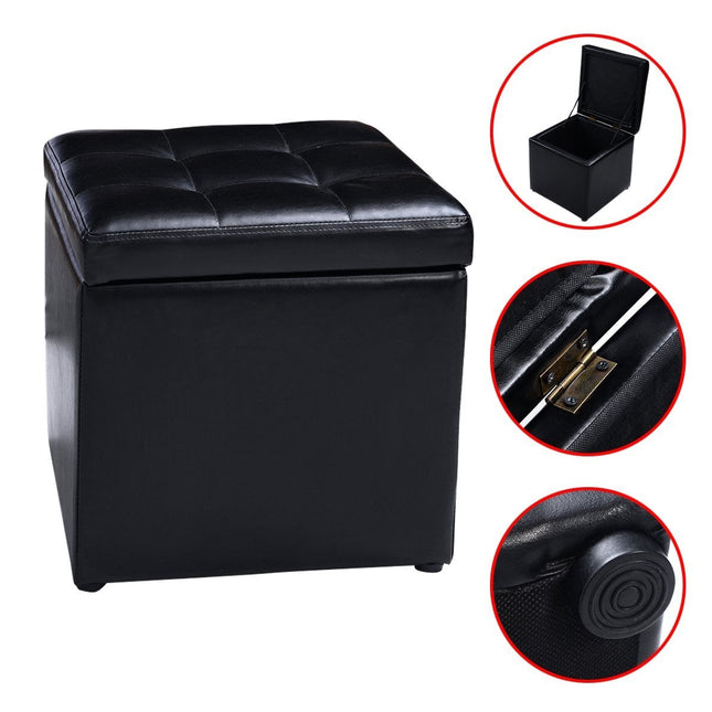 Black Leather Storage Ottoman, 40x40x40cm, Easy-Clean
