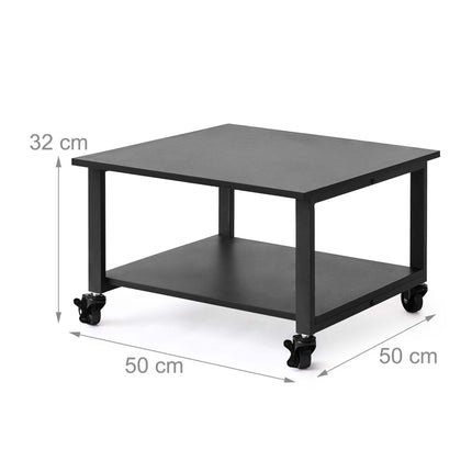 Melns printera statīvs uz ritentiņiem – divstāvīgs, 50x50 cm