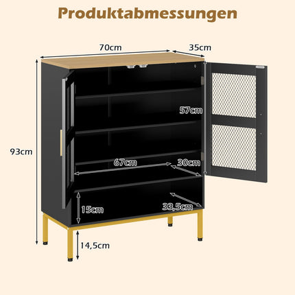 Melns koka apavu skapis ar regulējamiem plauktiem un sieta durvīm