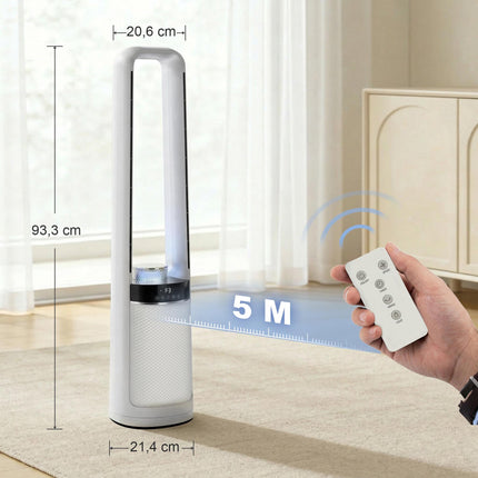 Torņa ventilators bez lāpstiņām ar tālvadības pulti, 45 svārstības, taimeris