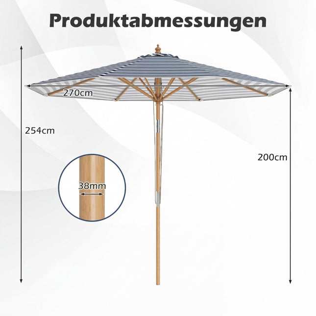 Zili balts svītrains terases saulessargs, 270 cm, regulējams leņķis