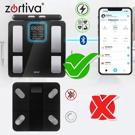 Bluetooth analītiskie vannas istabas svari ar ĶMI un tauku mērījumiem