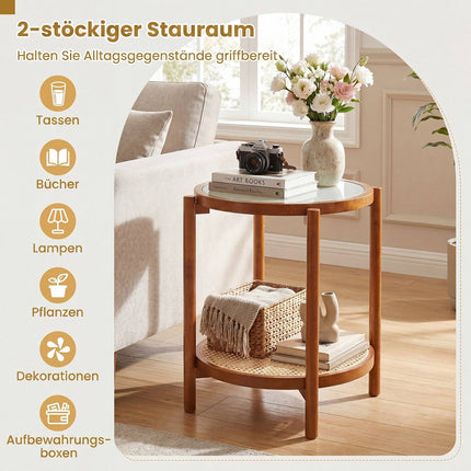 Boho divstāvu sānu galdiņš ar rūdīta stikla virsmu, valrieksts