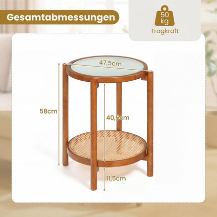 Boho divstāvu sānu galdiņš ar rūdīta stikla virsmu, valrieksts