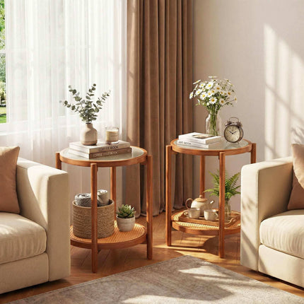 Boho divstāvu sānu galdiņš ar rūdīta stikla virsmu, valrieksts