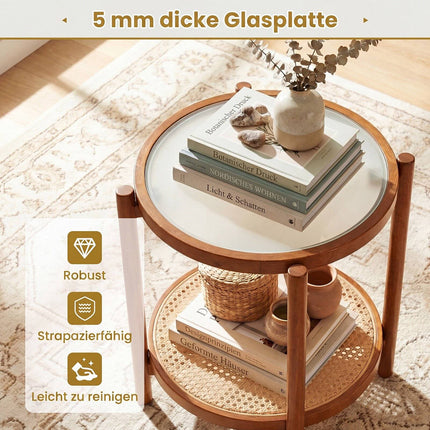 Boho divstāvu sānu galdiņš ar rūdīta stikla virsmu, valrieksts
