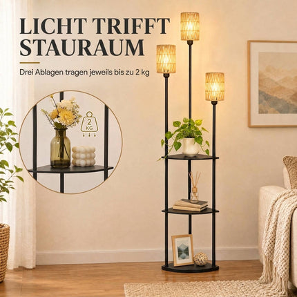 Boho Floor Lamp with 3 Shelves and 3 Paper Rope Shades, E27, Black