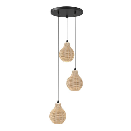 Boho rotangpalmas piekaramā lampa, 3 lampiņas, regulējams augstums