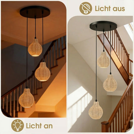 Boho rotangpalmas piekaramā lampa, 3 lampiņas, regulējams augstums
