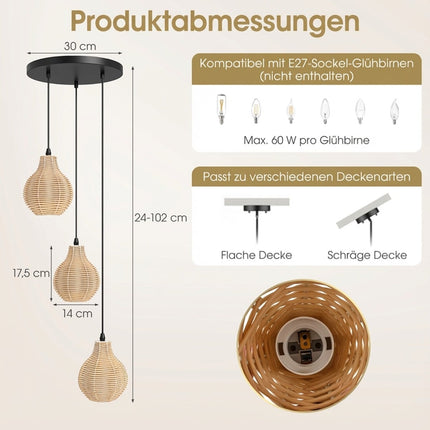 Boho rotangpalmas piekaramā lampa, 3 lampiņas, regulējams augstums