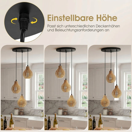 Boho rotangpalmas piekaramā lampa, 3 lampiņas, regulējams augstums