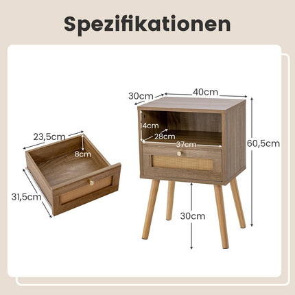 Boho stila rotangpalmas naktsskapītis ar atvilktni, dabīgs koks