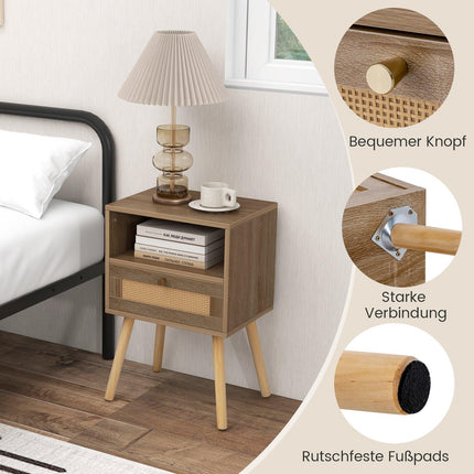 Boho stila rotangpalmas naktsskapītis ar atvilktni, dabīgs koks