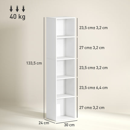 Grāmatu plaukts, 5 nodalījumi, regulējami plaukti, koks, 30 x 24 x 133,5 cm, balts