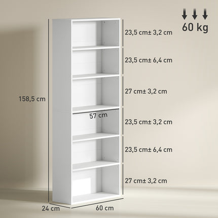 Grāmatu plaukts, 6 nodalījumi, regulējami plaukti, skaidu plātne, 60 x 24 x 158,5 cm, balts