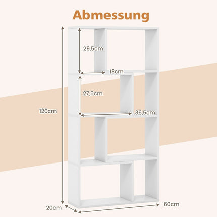 Grāmatu plaukts ar 4 līmeņiem, stāvplaukts ar 8 nodalījumiem, kuba formas plaukts, 60 x 20 x 120 cm, balts