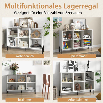 Grāmatu plaukts ar 6 nodalījumiem, stāvplauktu, paceltām metāla kājām un regulējamiem plauktiem, 120 x 35 x 79,5 cm, balts