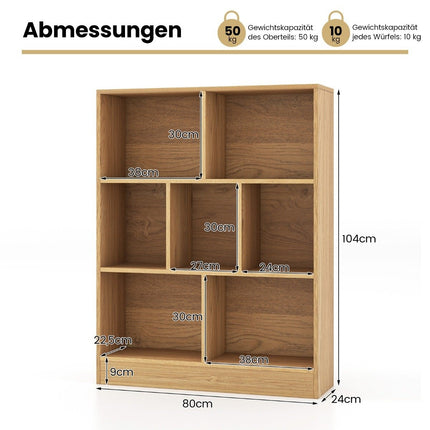 Grāmatu plaukts ar 7 nodalījumiem, stāvplaukts ar 3 līmeņiem, kuba plaukts, biroja plaukts, 80 x 24 x 104 cm, dabīgs