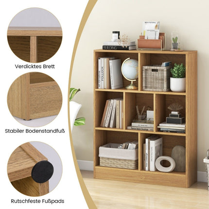 Grāmatu plaukts ar 7 nodalījumiem, stāvplaukts ar 3 līmeņiem, kuba plaukts, biroja plaukts, 80 x 24 x 104 cm, dabīgs