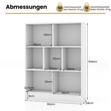 Grāmatu plaukts ar 7 nodalījumiem, stāvplaukts ar 3 līmeņiem, kuba formas plaukts, biroja plaukts, 80 x 24 x 104 cm, balts