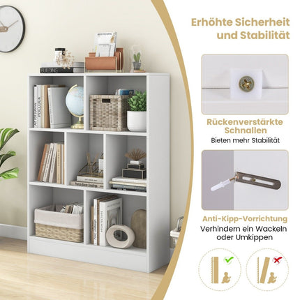 Grāmatu plaukts ar 7 nodalījumiem, stāvplaukts ar 3 līmeņiem, kuba formas plaukts, biroja plaukts, 80 x 24 x 104 cm, balts