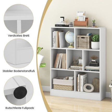 Grāmatu plaukts ar 7 nodalījumiem, stāvplaukts ar 3 līmeņiem, kuba formas plaukts, biroja plaukts, 80 x 24 x 104 cm, balts