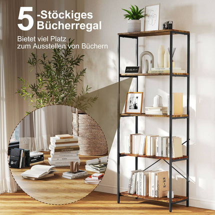 Grāmatu plaukts, 5 līmeņi, metāla rāmis, melamīns, brūns