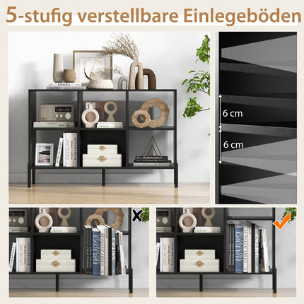 Grāmatu plaukts ar 6 regulējamiem plauktiem, metāla kājām, melns