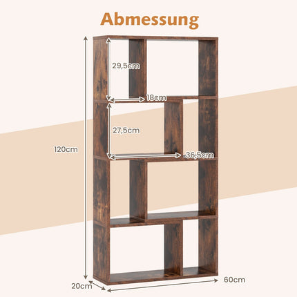 Grāmatu plaukts ar 8 kubiem, 4 līmeņi, 60x20x120 cm, brūns