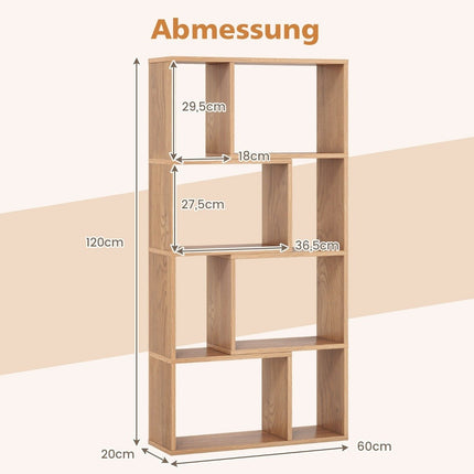 Grāmatu plaukts ar 8 kubiem, 4 līmeņi, 60x20x120 cm, dabīgs koks