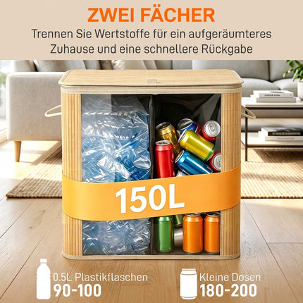 Bottle Deposit Collector with Lid 150 L, 2 Compartments, Bamboo, Natural, Beige