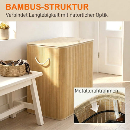 Bottle Deposit Collector with Lid 150 L, 2 Compartments, Bamboo, Natural, Beige