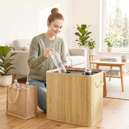 Bottle Deposit Collector with Lid 150 L, 2 Compartments, Bamboo, Natural, Beige