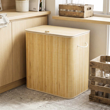 Bottle Deposit Collector with Lid 150 L, 2 Compartments, Bamboo, Natural, Beige