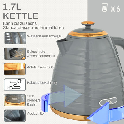 Brokastu komplekts tējkannai un tosterim 1,5 l tējkannai 4 šķēļu tosterim 3000 W 7 brūnināšanas līmeņi atkausēšanai un uzsildīšanai pelēks