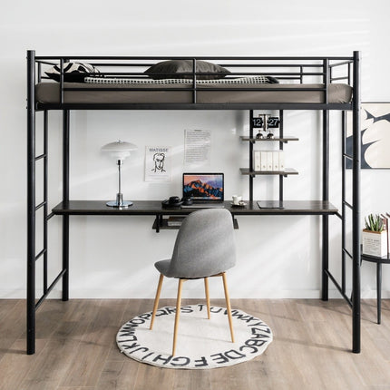 Divstāvu gultas rāmis bēniņu gulta, izgatavota no metāla, ar galda kāpnēm un margām, melna