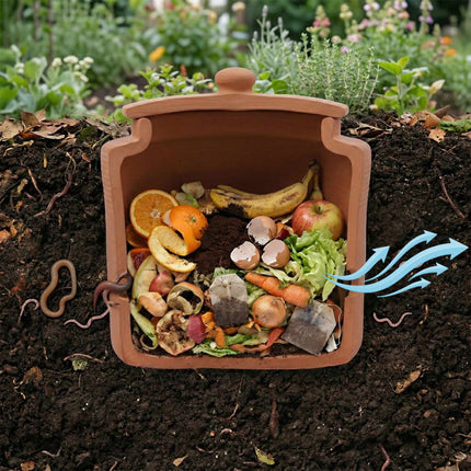 Buried Worm Composter with Lid for Garden Beds, Natural Clay, Terracotta