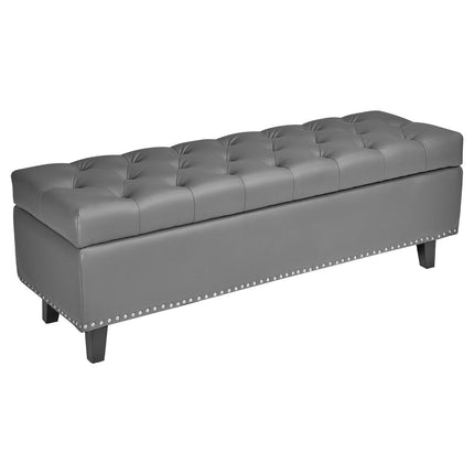 Button-Tufted Storage Ottoman Bench, PU Leather, 51 in, Gray