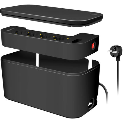 Cable box - Cable hider with branch socket + USB-A/USB-C charging Black