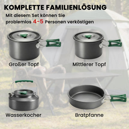 Kempinga trauku komplekts, 5 daļas, pretapplaucēšanās rokturi, pelēks