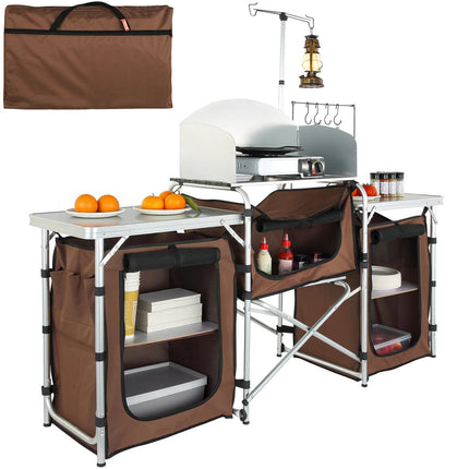 Camping Kitchen Table – Folding, 3 Cupboards, Windscreen