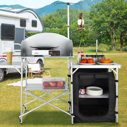 Camping Kitchen Table, Folding Cook Station, Cupboard, Windscreen